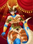  anthro areola big_breasts blue_eyes blue_scales blush breasts brown_hair claws dragon drakthug ear_piercing facial_piercing female food gem gold_(metal) hair horn lip_piercing meat nipples norael nude piercing pubes solo steak thick_thighs voluptuous 