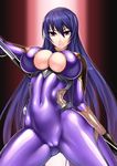  akiyama_rinko bangs blue_hair blush bodysuit breasts cameltoe cleavage cleavage_cutout covered_navel covered_nipples cowboy_shot fishnets gloves gradient gradient_background hair_between_eyes holding holding_weapon katana large_breasts legs_apart light_smile long_hair looking_at_viewer ninja purple_bodysuit purple_eyes rindou_(radical_dream) sheath shiny shiny_clothes skin_tight smile solo sword taimanin_(series) taimanin_yukikaze thighhighs unsheathing very_long_hair weapon 