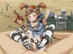  1girl bandaid blush borderlands borderlands_2 brown_hair feet footjob gaige goggles green_eyes mechanical_arm no_shoes pantyhose penis phb red_hair shoes_removed short_twintails smell smile smirk sockjob soles striped striped_legwear toes twin twintails uncensored 