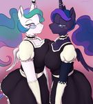  anthro blue_eyes cleavage clothed clothing equine eyewear friendship_is_magic glasses glo-in-the-dark gloves hair horn looking_at_viewer maid_costume mammal multicolored_hair my_little_pony pink_eyes princess_celestia_(mlp) princess_luna_(mlp) smile winged_unicorn wings 