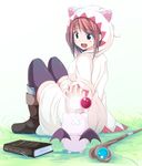  :d animal_hood belt_boots black_legwear blue_eyes blush book boots breasts brown_footwear brown_hair cloak final_fantasy healing highres hood hooded_cloak hoodie medium_breasts moogle okome_(minagisama) open_mouth sitting smile solo staff thighhighs white_mage 