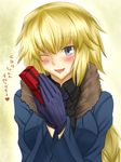  akashiro_sen alternate_costume black_shirt blonde_hair blush box braid contemporary fate/apocrypha fate_(series) gloves jacket jeanne_d'arc_(fate) jeanne_d'arc_(fate)_(all) long_hair looking_at_viewer necktie one_eye_closed purple_eyes shirt single_braid smile solo translation_request 