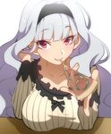 bad_id bad_pixiv_id breasts cheese_trail collarbone eating food grey_hair hairband hohehohe holding_pizza idolmaster idolmaster_(classic) large_breasts long_hair looking_at_viewer pizza red_eyes shijou_takane slice_of_pizza smile solo 
