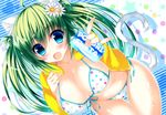  :d animal_ears bent_over bikini blue_eyes blush brand_name_imitation breasts can cat_ears cat_tail cleavage collarbone dutch_angle fang flower green_hair hair_flower hair_ornament heart highres large_breasts long_hair looking_at_viewer micro_bikini ooji_cha open_mouth original pocari_sweat polka_dot polka_dot_bikini polka_dot_swimsuit print_bikini smile soda_can solo star sweat swimsuit tail thigh_gap towel twintails underboob very_long_hair 