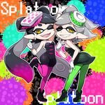  2girls ;d aori_(splatoon) bad_id bad_pixiv_id black_hair cousins detached_collar domino_mask dress earrings fangs gloves green_legwear grey_hair grin hotaru_(splatoon) jewelry leg_up long_hair mask mizu_(pixiv14297109) mole mole_under_eye multiple_girls one_eye_closed open_mouth pantyhose pointy_ears purple_legwear short_jumpsuit smile splatoon_(series) splatoon_1 strapless strapless_dress white_gloves 