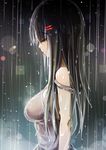  bail breasts closed_eyes hair_ornament hairclip long_hair medium_breasts off_shoulder original rain sideboob solo wet 