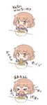  &gt;_&lt; :d brown_eyes brown_hair chopsticks closed_eyes comic commentary eating fang hair_ornament hairclip ikazuchi_(kantai_collection) kantai_collection kotanu_(kotanukiya) long_sleeves open_mouth school_uniform serafuku short_hair smile solo tears translated wavy_mouth 