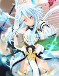  1girl alternate_costume armor blanc blue_hair choujigen_game_neptune highres lens_flare looking_at_viewer neptune_(series) planeptune red_eyes smile solo symbol-shaped_pupils weapon white_heart 