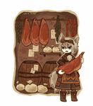  animal_ears artist_name barrel boots brown_eyes dated fang food fox_ears fox_tail goggles goggles_on_head grey_hair hanging_food herb_bundle holding indoors note original paper raw_meat satsumai sausage simple_background solo standing tail wall white_background 