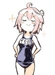  &gt;:) ahoge blush_stickers closed_eyes cosplay cowboy_shot hands_on_hips i-58_(kantai_collection) i-8_(kantai_collection) i-8_(kantai_collection)_(cosplay) kantai_collection name_tag one-piece_swimsuit pink_hair school_swimsuit short_hair smile smug solo sparkle sumisu_(mondo) swimsuit v-shaped_eyebrows 