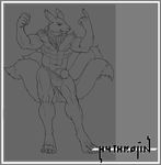  anthro anthrofied beckoning black_and_white border canine clothing digimon digital_media_(artwork) digitigrade flexing fox half-erect humanoid_penis hythrojin_(artist) kyubimon line_art looking_at_viewer male mammal monochrome muscles naughty_face navel penis poking_out raised_arm signature smirk speedo swimsuit 