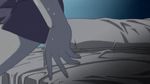  1girl animated animated_gif bare_shoulders barefoot bed black_hair blue_eyes breasts cleavage female fujimura_shizuru gloves large_breasts long_hair nude sad screencap shinkon_gattai_godannar!! towel 