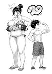  1girl blush breasts dekkano!! fat greyscale hair_bun highres huge_breasts long_hair male_swimwear meat_day monochrome mucchan plump size_difference suzurikawa_sasha swim_trunks swimsuit swimwear synecdoche thick_thighs thighs toned toned_male translated weight_conscious 