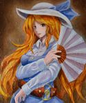  belt blue_dress brown_background brown_eyes crossed_arms dress expressionless fan folding_fan hat hat_ribbon lips long_hair long_sleeves looking_at_viewer oil_painting_(medium) orange_hair ribbon rubihi_susutake solo touhou traditional_media very_long_hair watatsuki_no_toyohime 