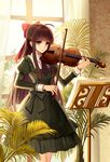  ahoge bangs blunt_bangs bow bow_(instrument) brown_hair dress green_eyes hair_bow indoors instrument juliet_sleeves long_hair long_sleeves looking_at_viewer music_stand original plant puffy_sleeves sheet_music solo srb7606 standing very_long_hair violin window 