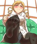  blonde_hair blush breasts drill_hair feet looking_at_viewer looking_down mahou_shoujo_madoka_magica panties pantyhose pov pov_feet s.k s_k_(shiro_karasu) shirt soles spread_toes sweat toes tomoe_mami underwear yellow_eyes 