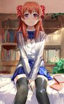  black_legwear blouse blue_bow blue_neckwear blue_skirt blush book bookshelf bow bowtie gekkan_shoujo_nozaki-kun hair_bow heart highres holding holding_pen hunter.g indoors light_smile long_hair long_sleeves looking_at_viewer on_bed orange_hair pen polka_dot polka_dot_bow purple_eyes rouman_academy_uniform sakura_chiyo school_uniform sitting skirt solo thighhighs v_arms white_blouse zettai_ryouiki 