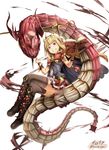  bangs blonde_hair blunt_bangs book boots cagliostro_(granblue_fantasy) cape crossed_legs crown frilled_skirt frills full_body granblue_fantasy grin highres iroia knee_boots long_hair looking_at_viewer ouroboros_(granblue_fantasy) purple_eyes sitting skirt smile snake spikes stabbed sword thighhighs weapon 