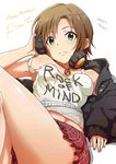  2015 ayano_yuu_(sonma_1426) belt black_jacket breasts brown_hair camisole crossed_legs dated english green_eyes hand_on_headphones happy_birthday headphones idolmaster idolmaster_cinderella_girls jacket jewelry knees_up long_sleeves looking_at_viewer lying midriff miniskirt necklace on_back open_clothes open_jacket pendant plaid plaid_skirt short_hair skirt small_breasts solo strap_slip tada_riina white_background 