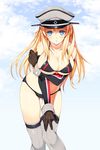  bikini bismarck_(kantai_collection) black_bikini blonde_hair blue_eyes blush breast_hold breasts detached_sleeves hat headgear kantai_collection large_breasts long_hair looking_at_viewer open_mouth peaked_cap solo swimsuit tamiya_akito thighhighs wrist_cuffs 