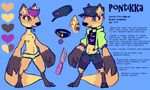  2015 anthro blue_background canine claws clothed clothing collar crop_top ear_piercing english_text fox fur grey_eyes hair half-dressed hat knife male mammal model_sheet mutisija nipples piercing plain_background pontikka purple_hair shorts solo text topless underwear 