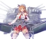  breasts commentary_request corset detached_sleeves feathers garter_straps hair_between_eyes kantai_collection large_breasts light_brown_hair littorio_(kantai_collection) long_hair long_sleeves machinery maid_headdress miniskirt orange_eyes ponytail red_skirt skirt solo sumisu_(mondo) thighhighs turret wavy_hair white_legwear zettai_ryouiki 