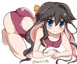  all_fours ass black_hair blue_eyes competition_swimsuit kantai_collection long_hair multicolored_hair naganami_(kantai_collection) one-piece_swimsuit smile solo swimsuit two-tone_hair wahiko_(black_bastard) 