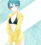  bikini black_bikini blue_hair blush gekkan_shoujo_nozaki-kun green_eyes jacket kashima_yuu kosuke_(pixiv2100845) open_clothes open_jacket short_hair solo swimsuit 