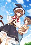  bag baguette bird blue_eyes boots braid bread brown_eyes brown_hair cloud corset day eris_(mahoutsukai_no_eris) fantasy food hat highres jewelry keychain kia_(mahoutsukai_no_eris) light_brown_hair long_hair mahoutsukai_no_eris:_sankaku_boushi_to_natsu_no_hoshi multiple_braids multiple_girls open_mouth overalls paper_bag petals ribbon short_hair skirt sky smile staff star suspenders twin_braids witch_hat yon_(letter) 
