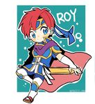  bad_id bad_twitter_id blue_background blue_eyes boots cape character_name chibi fire_emblem fire_emblem:_fuuin_no_tsurugi full_body male_focus red_hair repikinoko roy_(fire_emblem) simple_background smile solo star twitter_username 