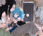  1boy 1girl arm_holding bandages black_hair blue_hair blush couple eyebrow_piercing fairy_tail gajeel_redfox hand_on_another's_chest hand_on_another's_head hetero levy_mcgarden messy_hair nose_piercing piercing rusky shirtless spoken_exclamation_mark surprised wet wet_hair 