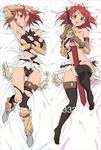  armor between_breasts black_legwear blush breasts brown_gloves cecily_cambell convenient_arm dakimakura gloves hand_on_forehead large_breasts lying multiple_views panties red_eyes red_hair seiken_no_blacksmith short_hair sword thighhighs torn_clothes underwear weapon white_panties 