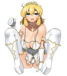  :3 :d bad_id bad_twitter_id blonde_hair blue_eyes blush breasts cleavage front-seamed_legwear green_eyes heterochromia hishigata jewelry jitome large_breasts necklace number open_mouth panties pearl_necklace ryouna_(senran_kagura) seamed_legwear senran_kagura senran_kagura_shinovi_versus short_hair smile solo thighhighs tiara underwear white_legwear white_panties 