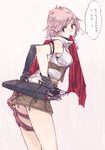  armlet blue_eyes breasts final_fantasy final_fantasy_xiii gloves hrd lightning_farron looking_back medium_breasts mismatched_gloves pink_hair short_hair sideboob simple_background skirt solo translated weapon white_background 