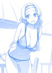  :d arms_behind_back bikini blue breasts cleavage commentary_request getsuyoubi_no_tawawa hairband head_tilt himura_kiseki holding_arm large_breasts leaning_forward long_hair monochrome navel open_mouth smile solo swimsuit wavy_hair 