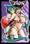  animal_ears bell big_breasts blush breast_grab breasts clothed clothing duo eeveelution elbow_gloves female fox_ears fox_tail gloves green_hair hair humanoid legwear mammal nintendo open_mouth pok&eacute;mon red_eyes sirat111 skimpy sneasel thigh_highs umbreon video_games 
