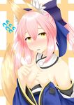  animal_ears bare_shoulders blush bow breasts cleavage detached_sleeves fate/extra fate_(series) fox_ears fox_tail hair_bow hair_ribbon highres japanese_clothes medium_breasts open_mouth pink_hair ribbon solo sweatdrop tail tamamo_(fate)_(all) tamamo_no_mae_(fate) totororo twintails yellow_eyes 