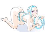  all_fours ass barefoot blue_hair braid flat_chest full_body greenmarine grin jinx_(league_of_legends) league_of_legends lipstick long_hair makeup nude pink_eyes sketch smile solo twin_braids very_long_hair 