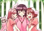  animal_ears black_hair brown_hair bunny_ears bunny_girl closed_eyes commentary_request dress extra hug inaba inaba_tewi long_hair mana_(tsurubeji) multiple_girls open_mouth short_hair smile touhou 