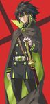  :o belt black_hair blush cape expressionless gloves goekawa green_eyes hair_between_eyes hyakuya_yuuichirou looking_at_viewer male_focus military military_uniform open_mouth owari_no_seraph parted_lips red_background sheath sheathed simple_background solo standing sword uniform weapon white_gloves 