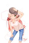  akashi_(kantai_collection) blush breasts casual cleavage cross cross_necklace green_eyes hair_ribbon hand_on_headwear hand_up hat highres jewelry kantai_collection long_hair looking_at_viewer medium_breasts necklace one_eye_closed pink_hair ribbon smile solo tress_ribbon yukai_nao 