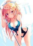  ange_vierge blush breasts cleavage hair_ribbon haruka_natsuki june large_breasts long_hair looking_at_viewer one-piece_swimsuit orange_hair original ponytail ribbon solo staff swimsuit translated 