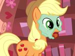  2015 animated applejack_(mlp) blonde_hair cowboy_hat cutie_mark eating edit equine female friendship_is_magic green_eyes hair hat horse licking mammal my_little_pony pony solo superedit tongue tongue_out 