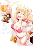 5 alcohol beer beer_mug bikini blonde_hair breasts cleavage clothes_removed collarbone covered_nipples cup fang groin haruka_natsuki holding holding_cup june large_breasts long_hair navel number open_mouth original pink_bikini smile solo swimsuit 