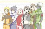  1girl 5boys black_eyes black_hair blonde_hair brown_hair eyebrows fingers flak_jacket forehead_protector green_eyes haruno_sakura hatake_kakashi konohagakure_symbol looking_at_viewer male_focus mask multiple_boys naruto naruto_shippuuden pink_hair sai simple_background smile spiked_hair uchiha_sasuke uzumaki_naruto v white_hair yamato 