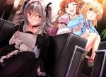  black_dress black_legwear blonde_hair collarbone dress drill_hair futaba_anzu grey_hair hair_ornament hair_ribbon haruka_natsuki holding idolmaster idolmaster_cinderella_girls kanzaki_ranko long_hair long_sleeves moroboshi_kirari multiple_girls notebook one_eye_closed open_mouth pantyhose red_footwear ribbon shoes sitting twin_drills wince 