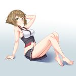  :o arm_behind_head arm_support arms_behind_back bare_legs barefoot blush brown_hair feet green_eyes kantai_collection leaning_back looking_at_viewer miniskirt mutsu_(kantai_collection) navel pensuke pleated_skirt short_hair sitting skirt solo toes 