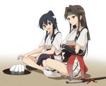  bad_id bad_pixiv_id black_hair brown_hair crossed_arms food japanese_clothes jintsuu_(kantai_collection) kantai_collection kisetsu long_hair multiple_girls onigiri ponytail remodel_(kantai_collection) smile sword weapon yahagi_(kantai_collection) 