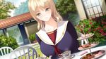  bangs blonde_hair blue_eyes breasts chair cup day dutch_angle food game_cg grass ichikawa_saasha jounoin_kaho large_breasts long_hair macaron neyuki_no_gen'ei outdoors plate sitting smile sweets table tea teacup teapot tiered_tray 