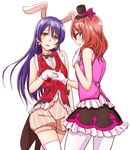  :d animal_ears bare_shoulders blue_hair blush bow bowtie breasts bunny_ears earrings frilled_skirt frills gloves hand_on_own_chest hat headband heart heart_earrings highres holding_hands jewelry korekara_no_someday kyuusenbinore_(gavion) long_hair looking_at_viewer love_live! love_live!_school_idol_project mini_hat mini_top_hat multiple_girls nishikino_maki open_mouth pantyhose purple_eyes red_hair short_hair shorts simple_background skirt sleeveless small_breasts smile sonoda_umi striped tailcoat thighhighs top_hat vertical_stripes vest white_background white_gloves white_legwear yellow_eyes 